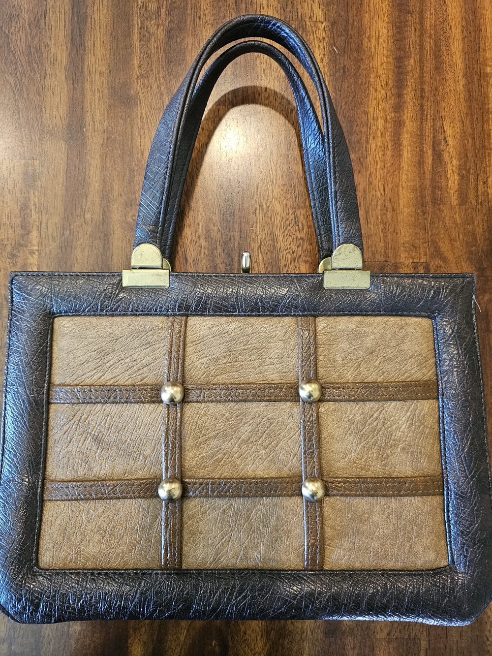 Two-Tone Brown Structured Tote with Gold Accents